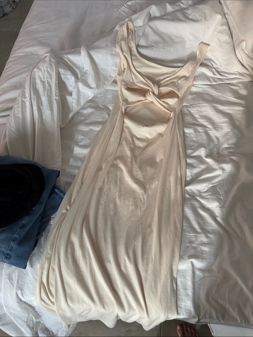 Windsor Cream Twist-Front Ribbed Midi Dress